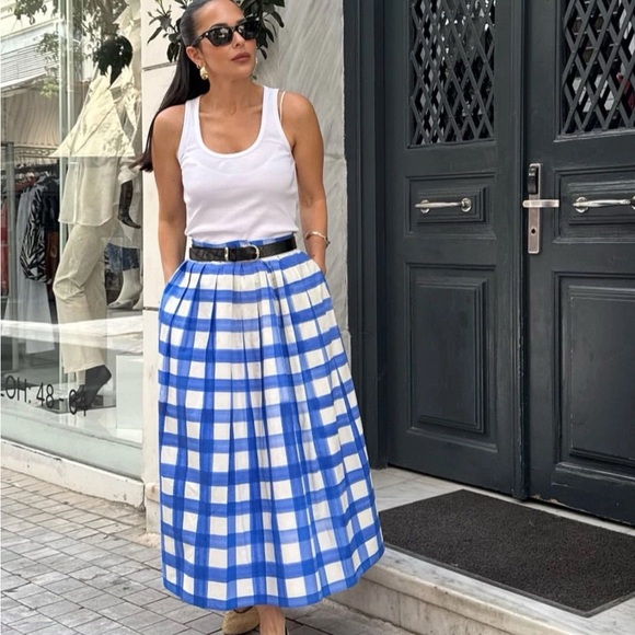 Zara Collection Blue and White Gingham Pleated A-Line Midi Skirt - Picture 4 of 5